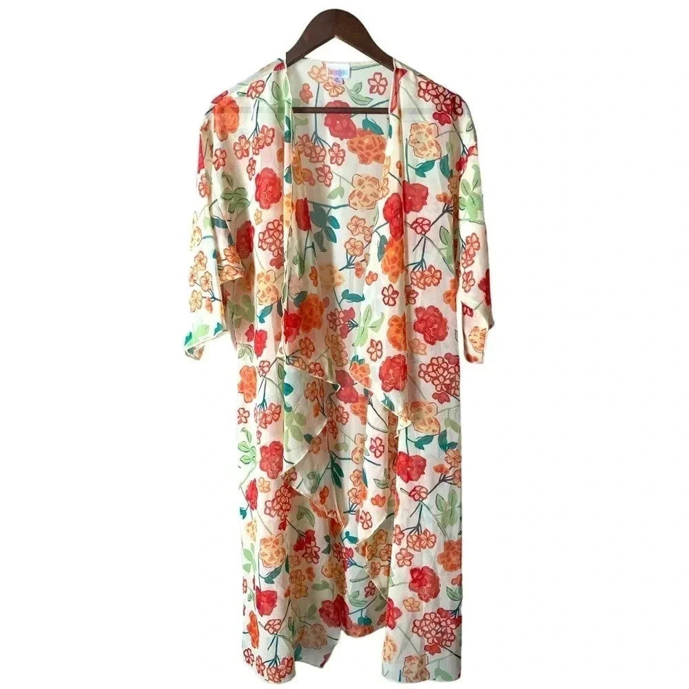 LuLaRoe | Cream Floral Sheer Waterfall Front Kimono Size M